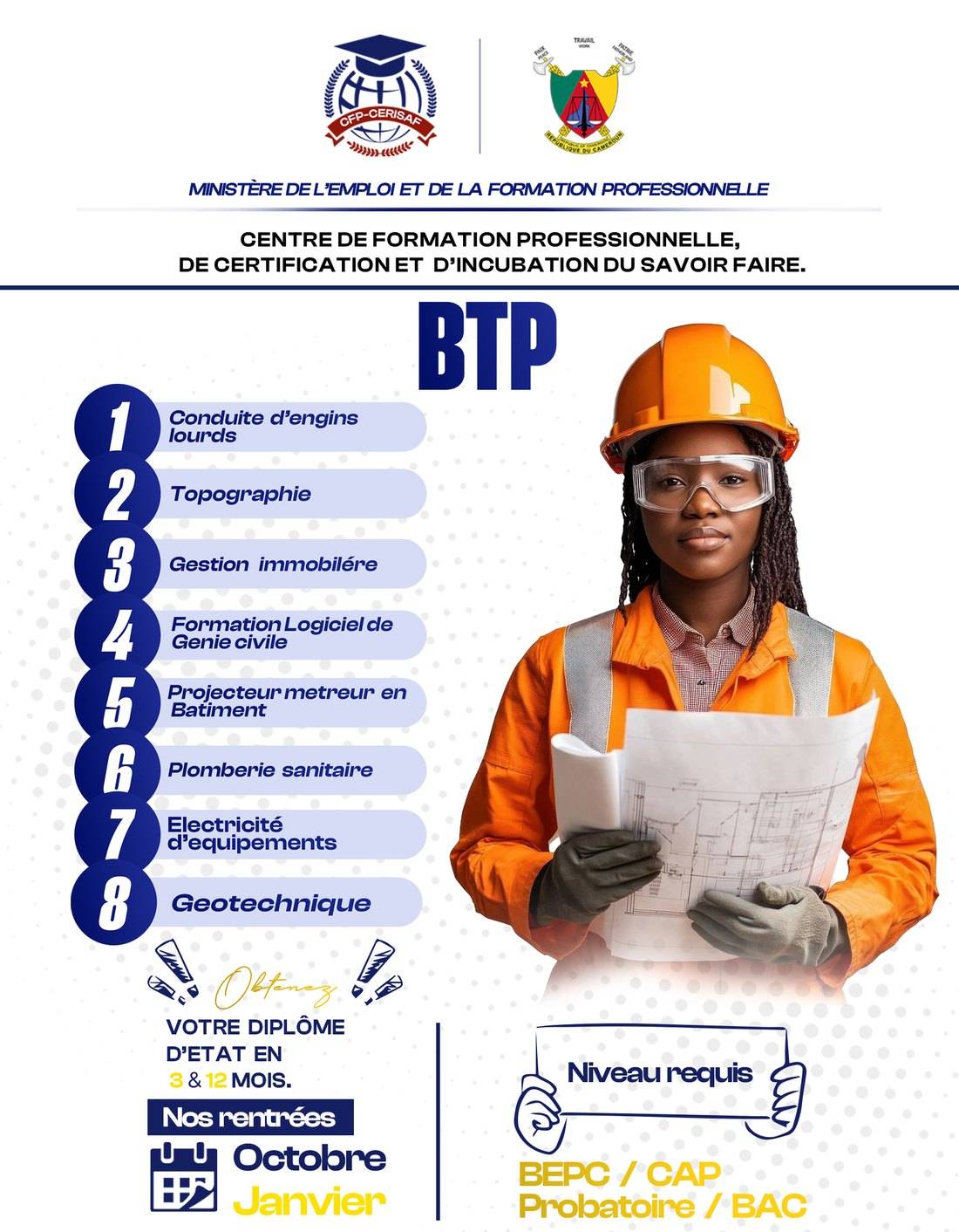 Affiche du pôle BTP publiée par le centre, sous en-tête du Ministère de l'Emploi et de la Formation professionnelle.