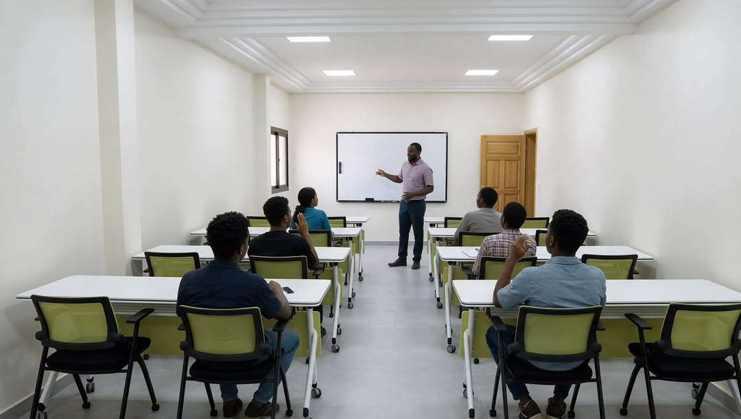 Un formateur explique au tableau blanc devant des stagiaires assis aux tables d'une salle de cours du centre.