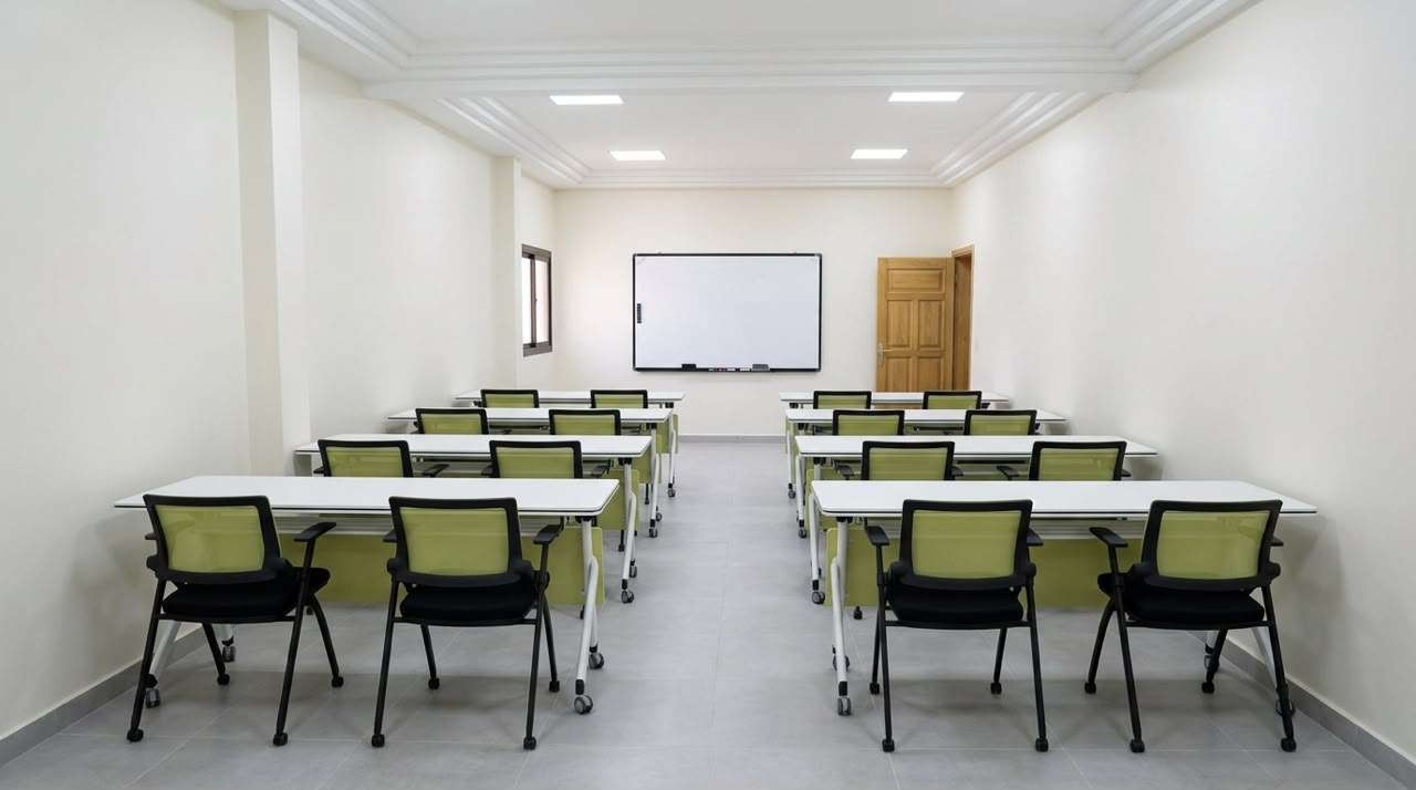 Salle de cours vide, tables blanches alignées en deux rangées face au tableau blanc.