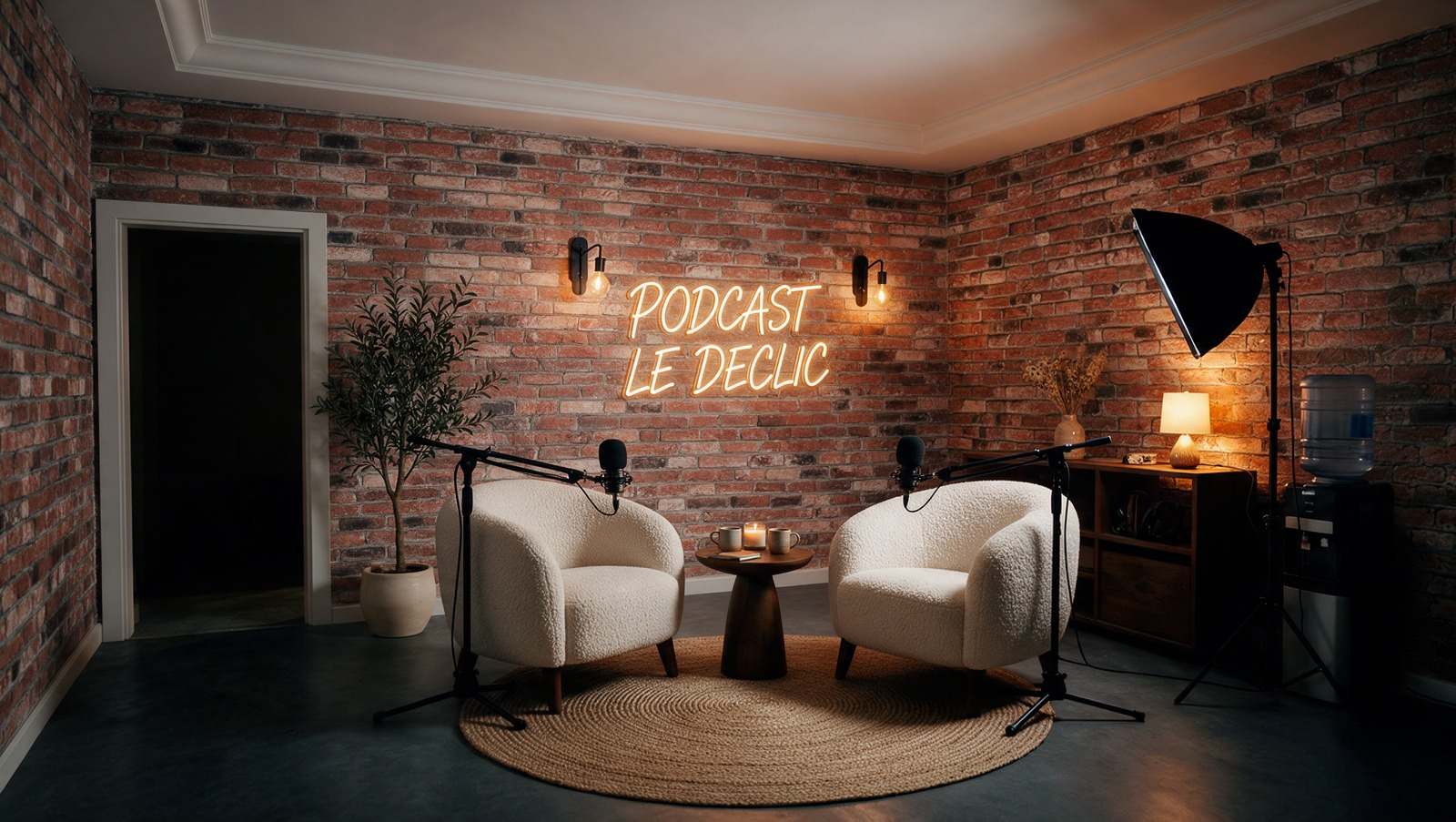Studio d'enregistrement du centre : deux fauteuils, deux micros sur perche et l'enseigne lumineuse « Podcast Le Déclic » sur un mur de briques.