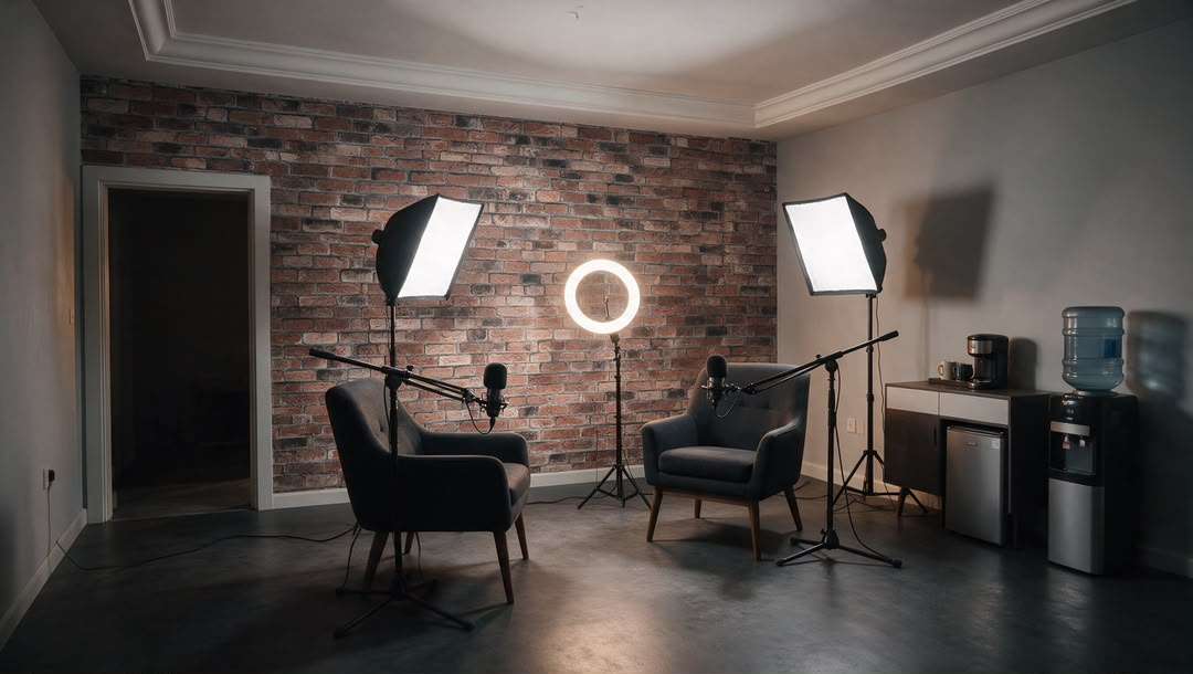 Studio d'enregistrement : deux fauteuils, deux micros sur perche et un projecteur devant un mur de briques.
